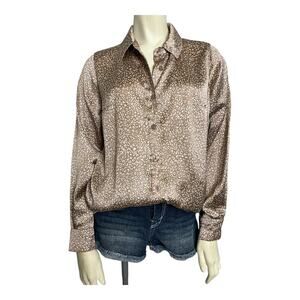 Japna Satin Blouse Shirt Top Career Button Down Business Casual XS Brown